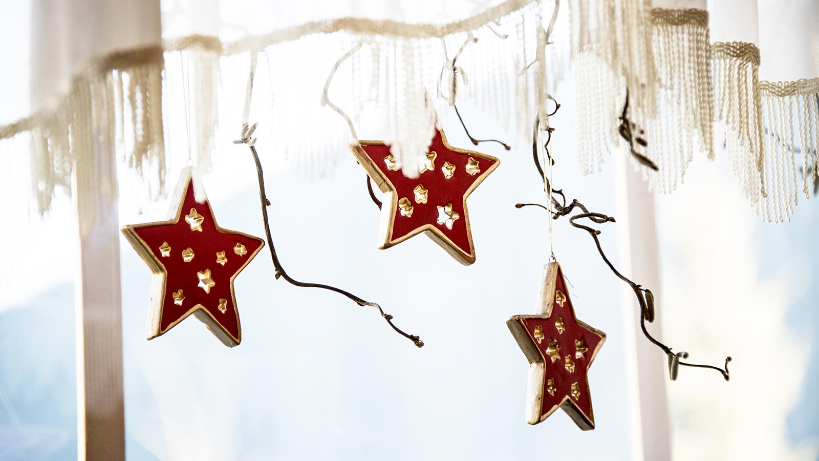 Three red Christmas stars hanging from a branch at our accommodation in Val Casies