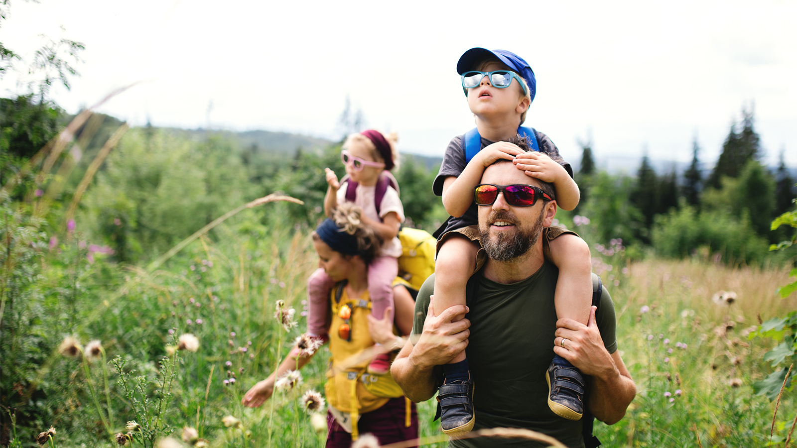 Front view of family with small children hiking outdoors in summer nature.